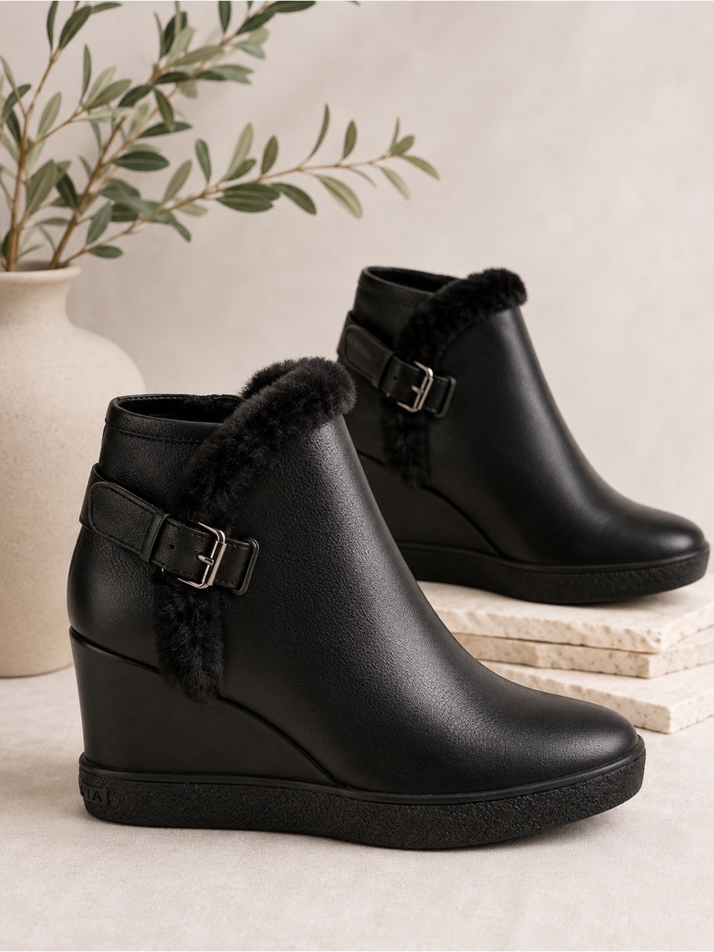 AQUATALIA WATERPROOF LEATHER CAMERON FUR TRIM WEDGE BOOTIES SIZE 9 EUC